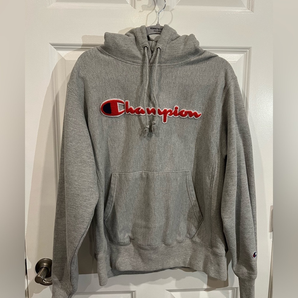 Champion Sweatshirt Pullover Hoodie Grey Pink Men’s Medium Reverse Weave